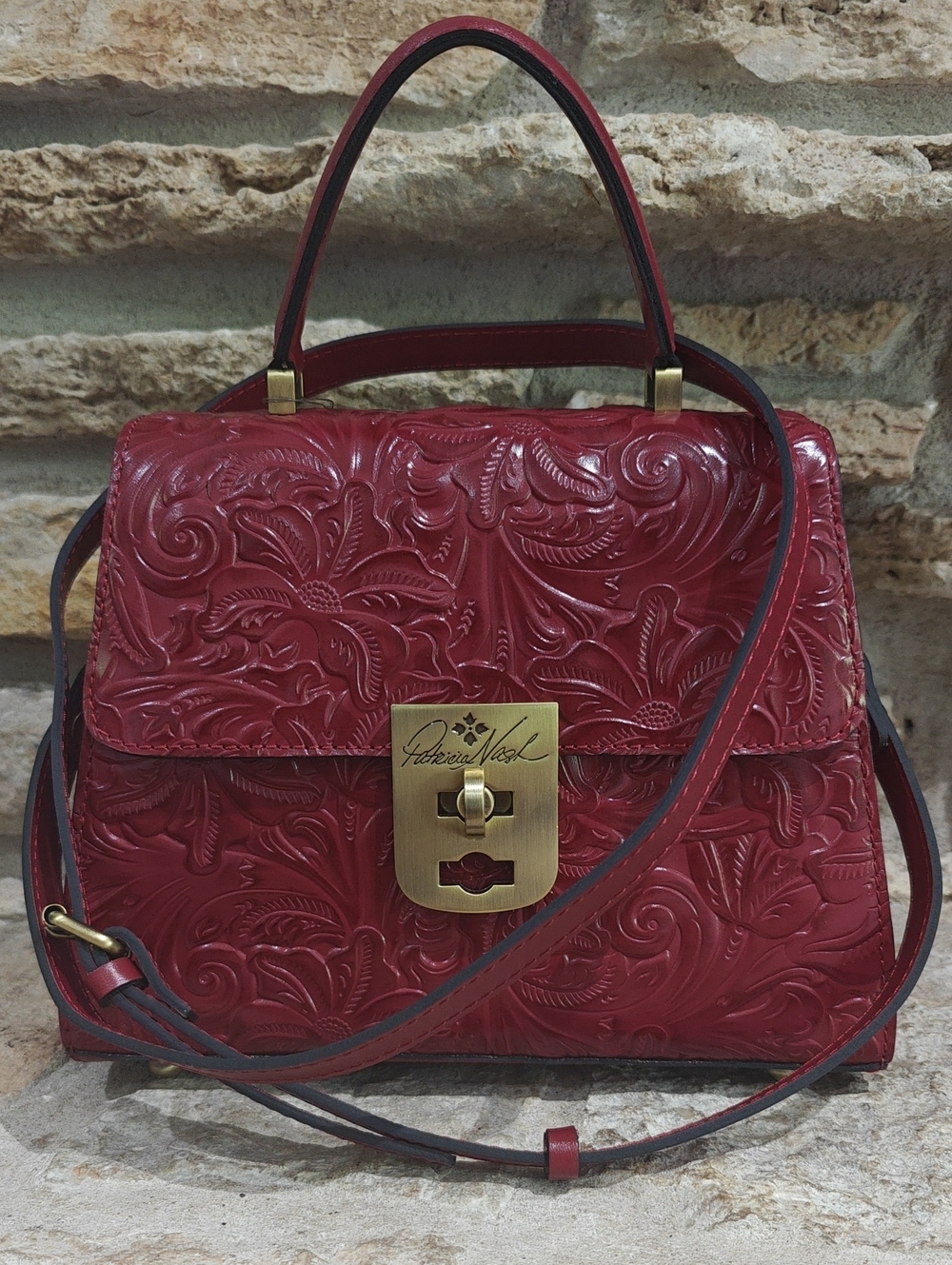 Patricia Nash Chauny Tooled Leather Satchel Crossbody Berry Red NWT